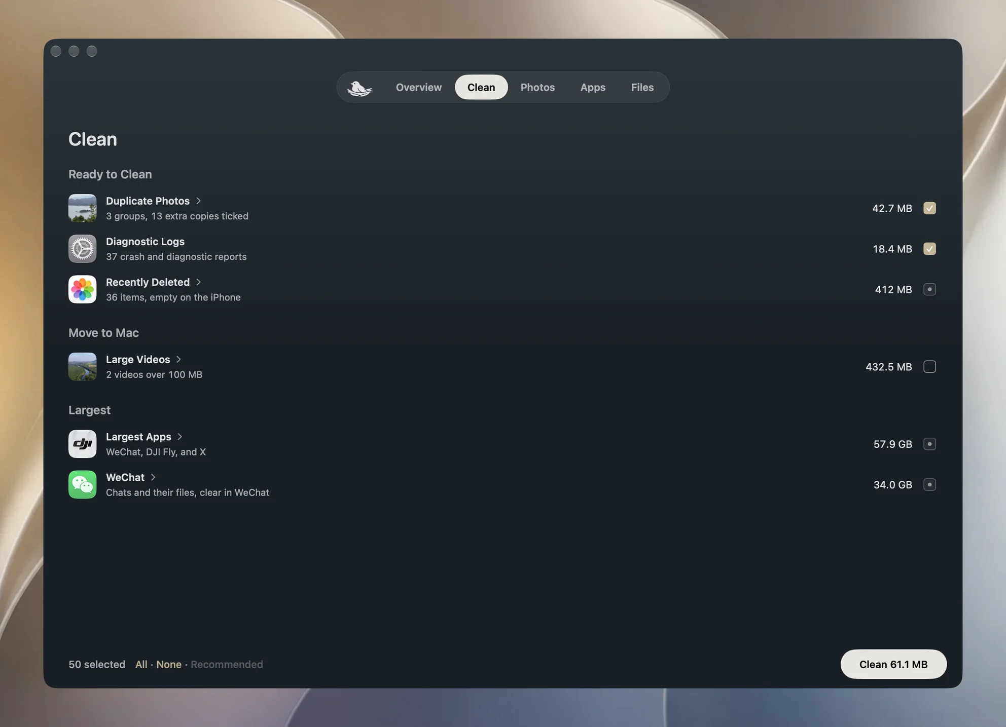 Yado Clean: duplicates, diagnostic logs, Recently Deleted and large videos with their sizes, ready to clean together