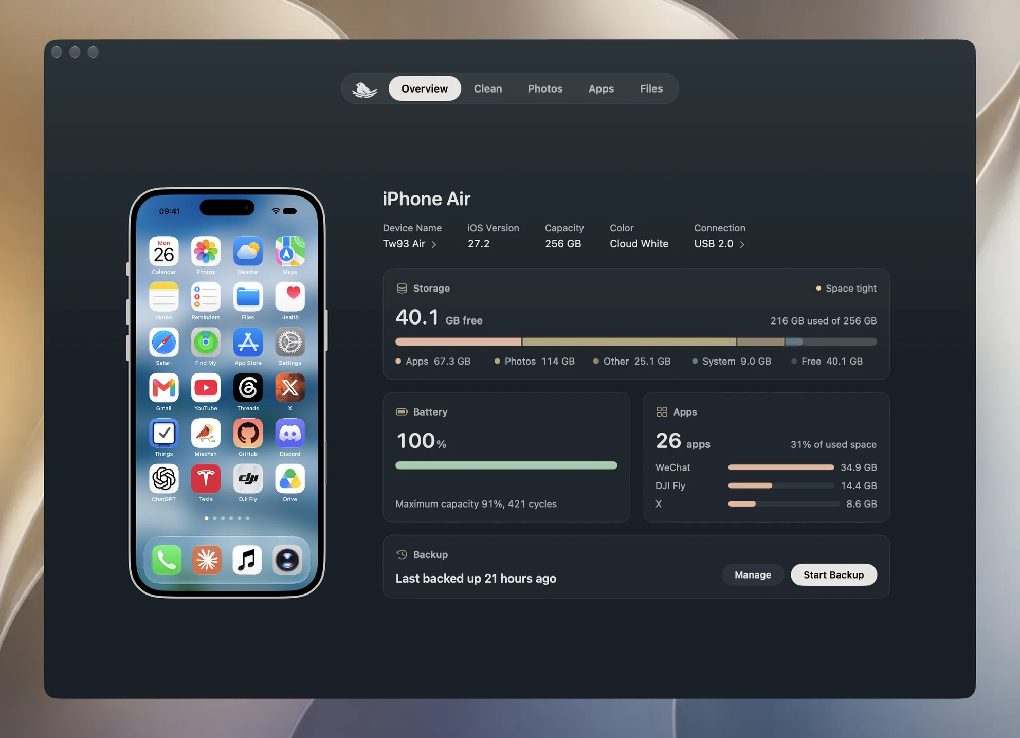 Yado Overview: an iPhone Air showing its Home Screen, beside its storage, battery, apps and backup